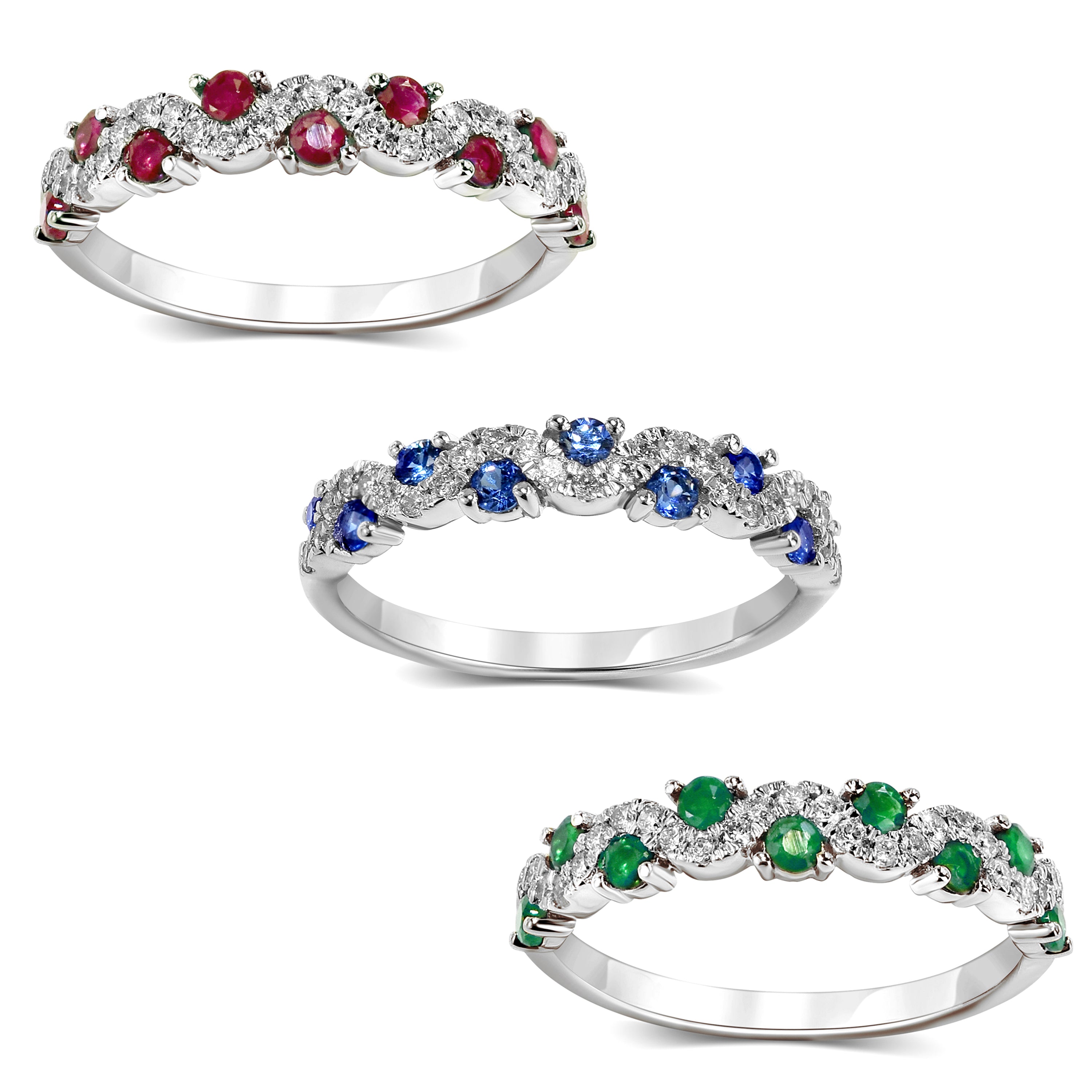 18k White Gold Gemstone Diamond Wave Ring