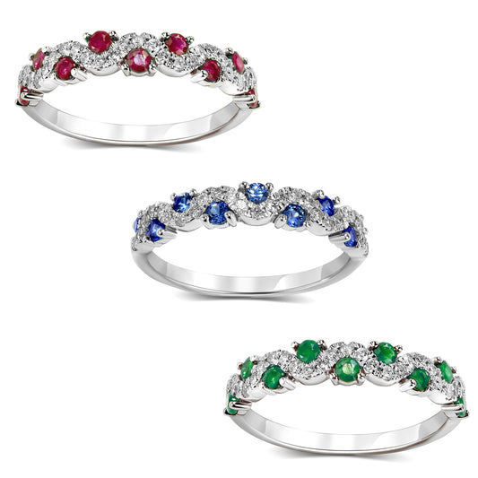 18k White Gold Gemstone Diamond Wave Ring