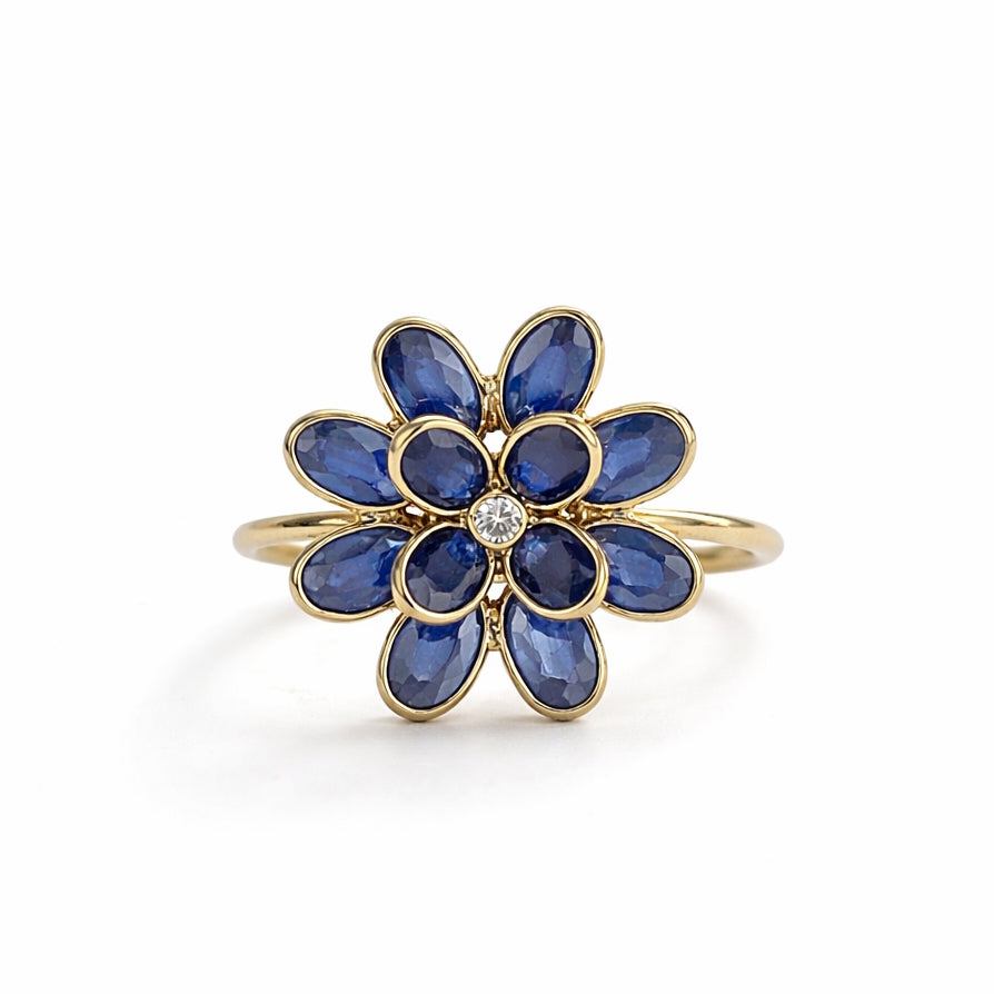 18k Sapphire Diamond Cluster Flower Ring