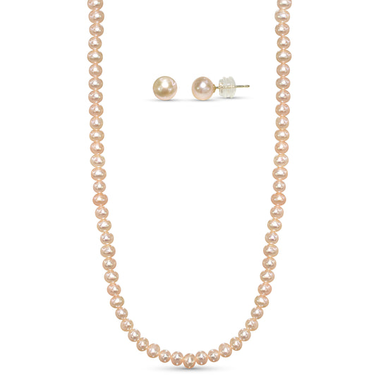 14k Natural Pink Pearl Necklace Earring Set 4.5-5mm