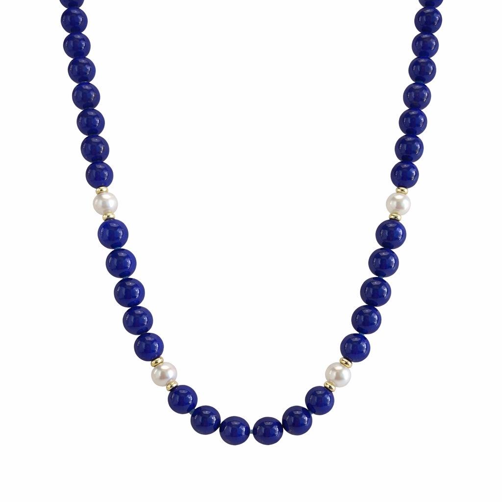 14k Lapis Cultured Pearl 14k Gold Rondel station Necklace 18"
