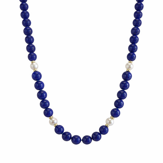 14ky Lapis Cultured Pearl 14k Gold Rondel station Necklace 18"
