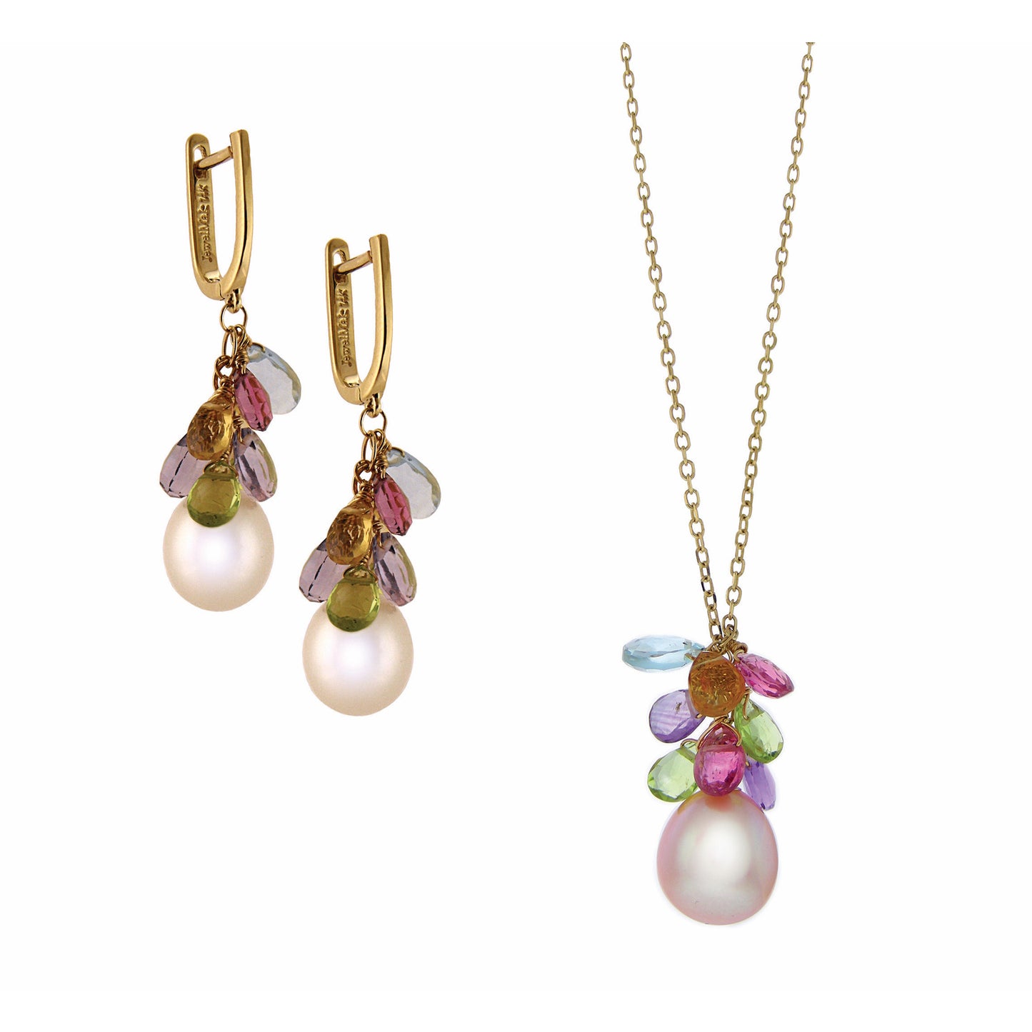 14k White OBL Freshwater Pearl, Peridot, Blue Topaz, Pink Tourmaline, and Amethyst Necklace 17"