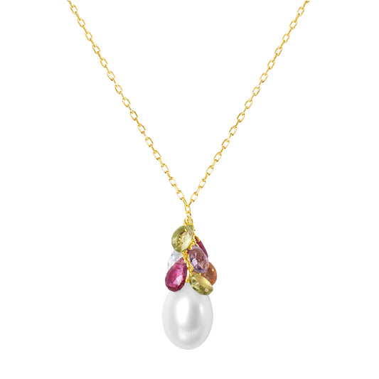 14k White OBL Freshwater Pearl, Peridot, Blue Topaz, Pink Tourmaline, and Amethyst Necklace 17"