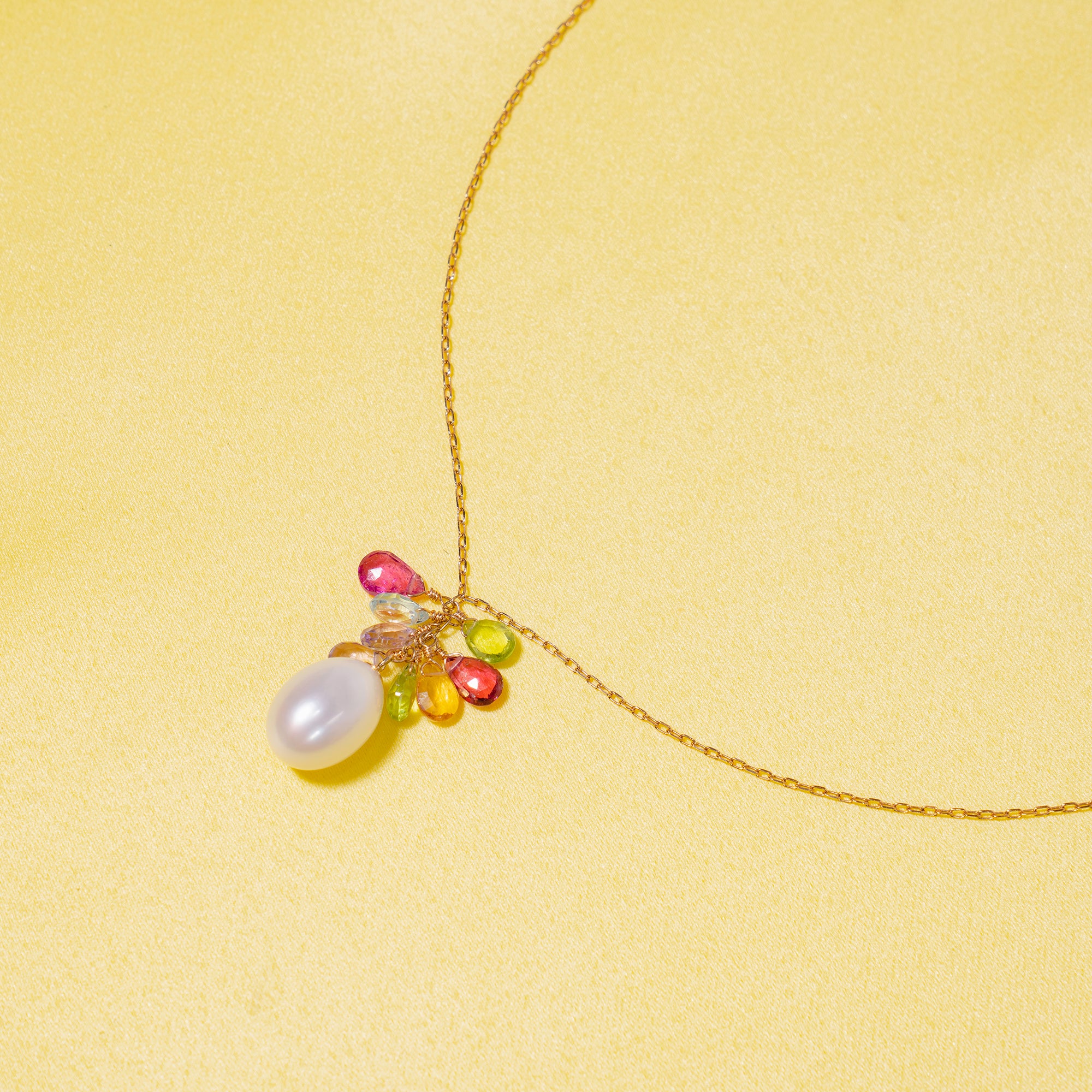 14k White OBL FW Pearl Peridot Blue Topaz Pink Tourmaline & Amethyst Necklace