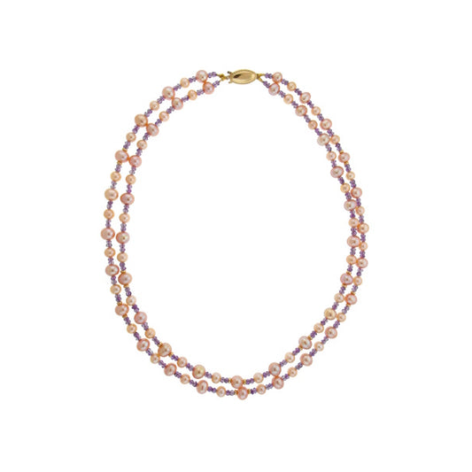 Pink FW Pearl Amethyst Gold Bead 2-Row Necklace
