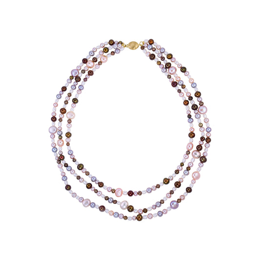 14k 3 Row Multi Pearl Necklace 17"-22" 4.5-7mm