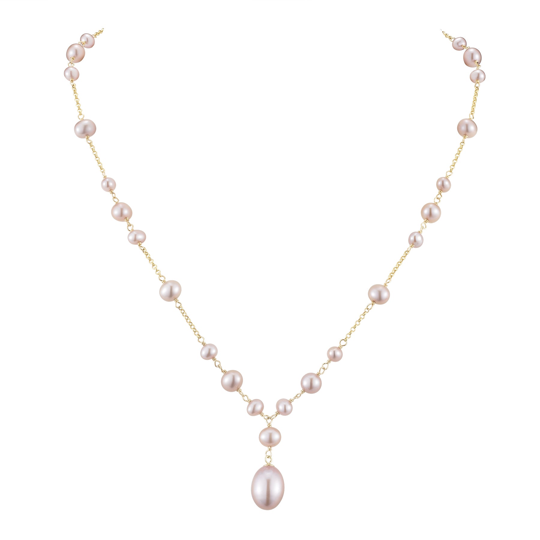 14k Pink Freshwater Pearl Bead Necklace With OBL Drop 17"