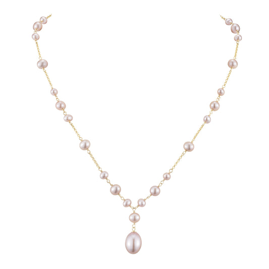 14k Pink Freshwater Pearl Bead Necklace With OBL Drop 17"