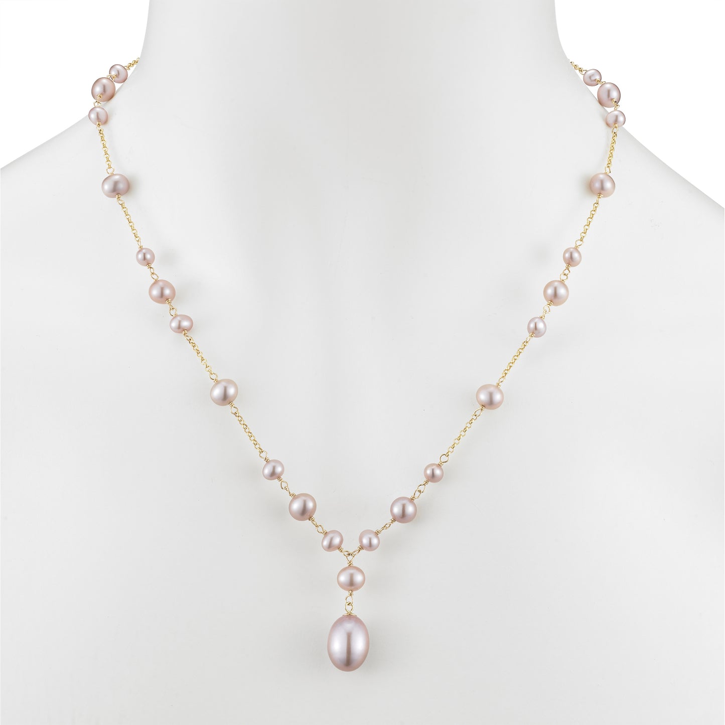 14k Pink Freshwater Pearl Bead Necklace With OBL Drop 17"
