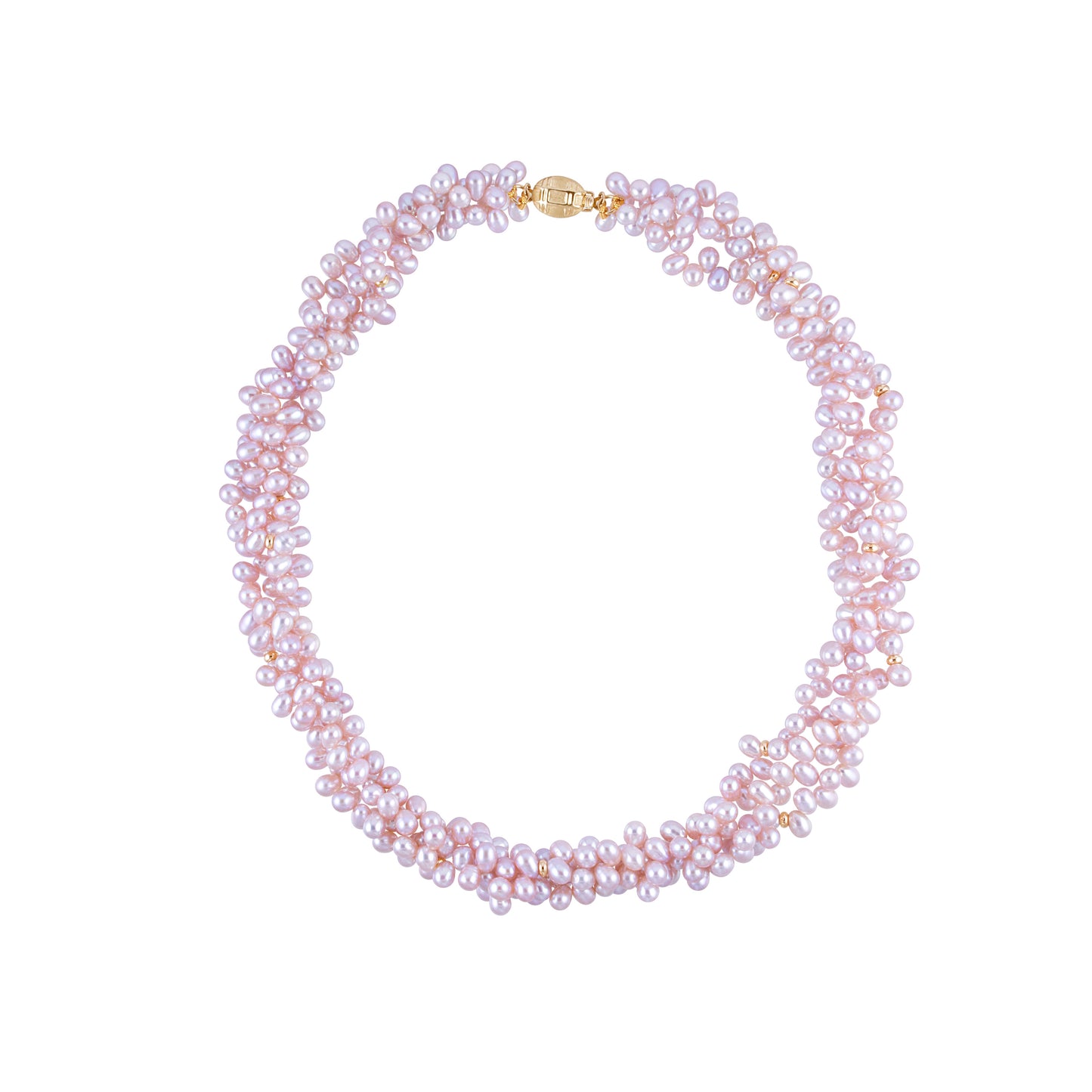 14k Pink FW Pearl Rice Crispy Gold Rondel 3-Row Necklace