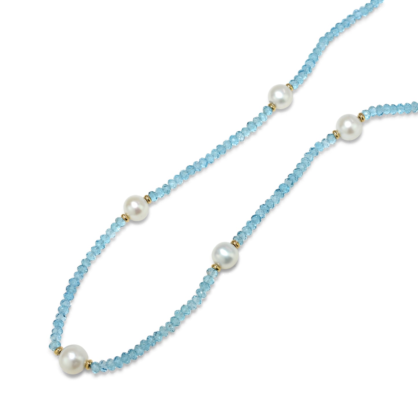 14k Swiss Blue Topaz White Freshwater Pearl Round Necklace 18"