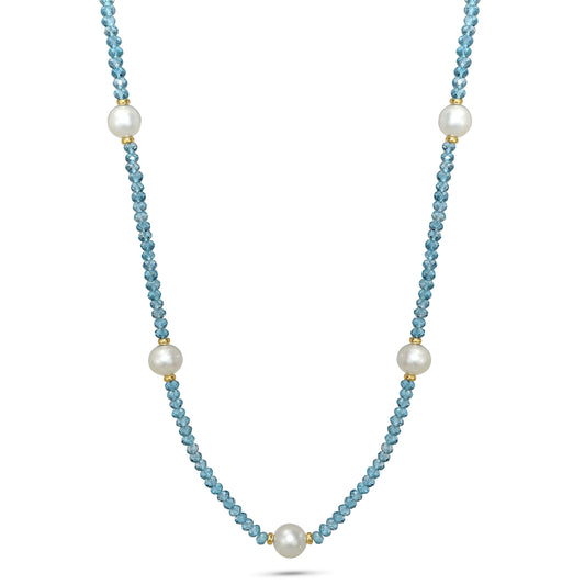 14k Swiss Blue Topaz White Freshwater Pearl Round Necklace 18"