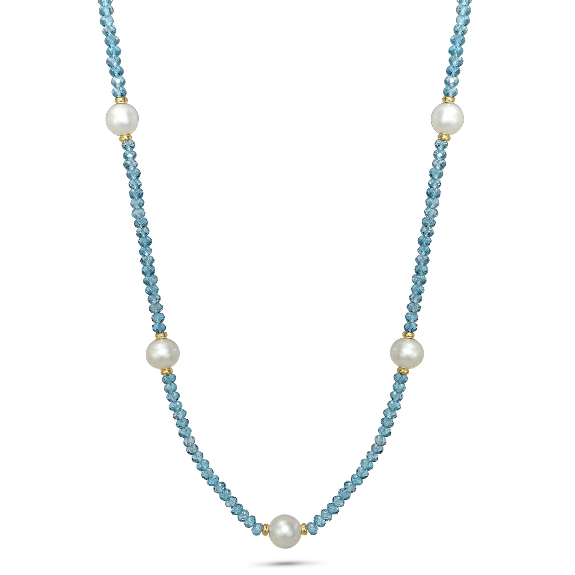 14k Swiss Blue Topaz White Freshwater Pearl Round Necklace 18"