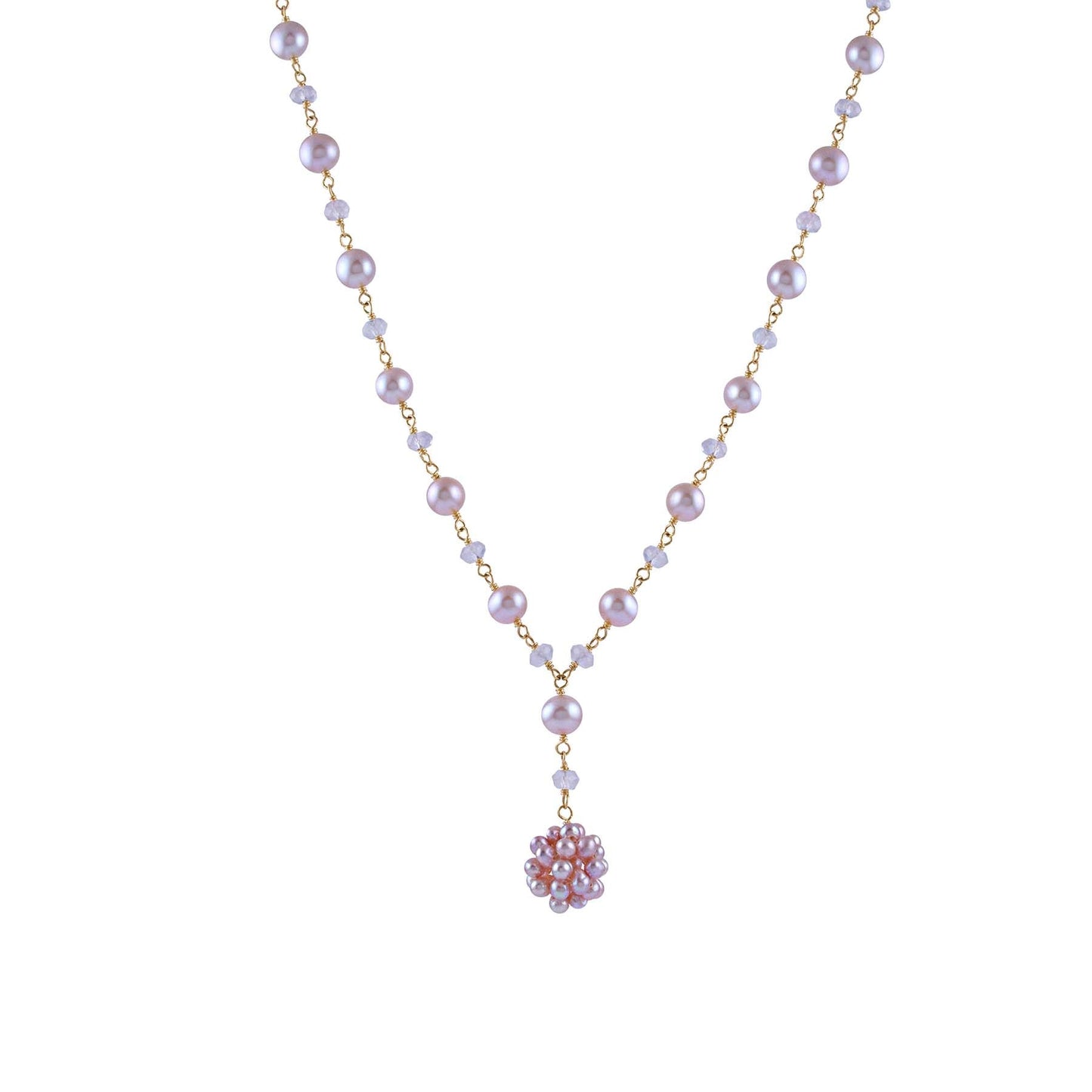 14k Pink Freshwater Pearl Rose Quartz Link Popcorn Drop Necklace 17"