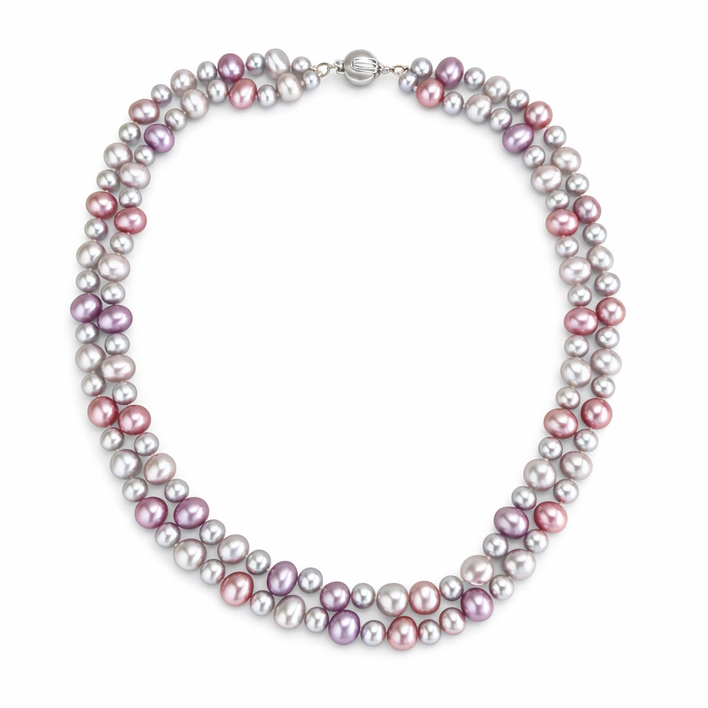 14k White Gold Multi Colors Fresh Water Pearl 2 Strand Knotted Necklace