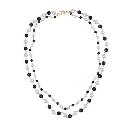 14k White Pearl Black Onyx Link 2 Row Necklace