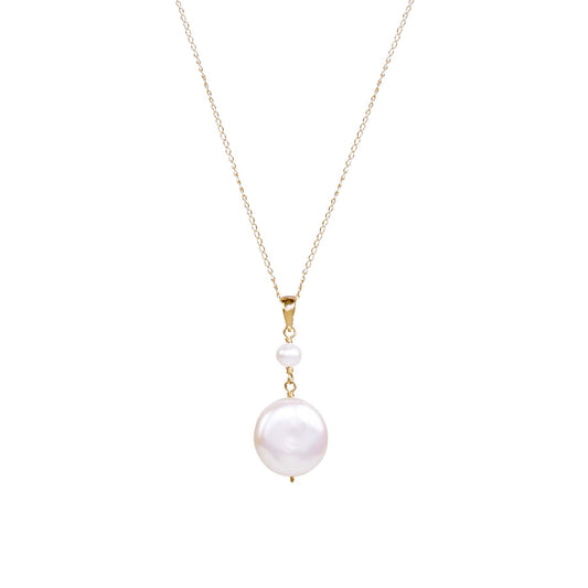 14k White Freshwater Pearl Coin Pendant Necklace 17"