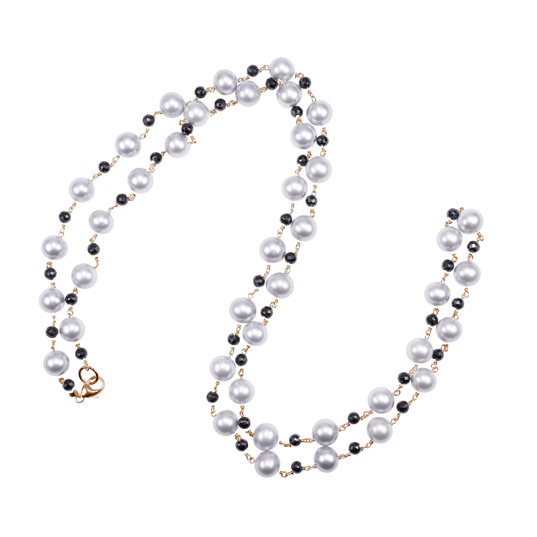 14k Grey Freshwater Pearl Black Spinel 1X1 Link Necklace 36"