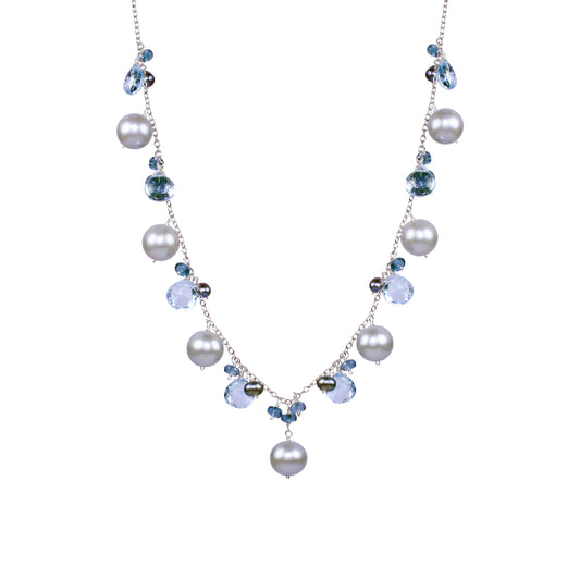 14k Multi Topaz Grey Pearl Cluster Necklace