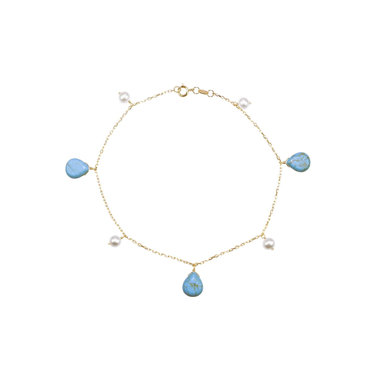 14k White Freshwater Pearl Turquoise Anklet 9.5"