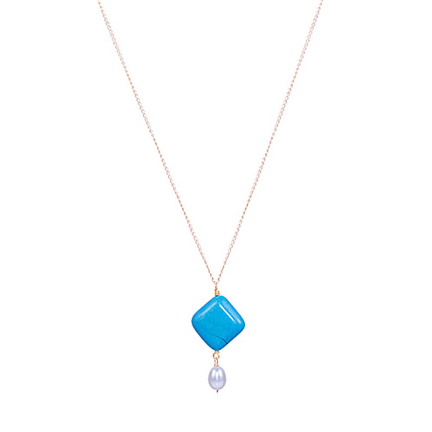 14k Diamond Shape Turquoise & White Freshwater Pearl Necklace