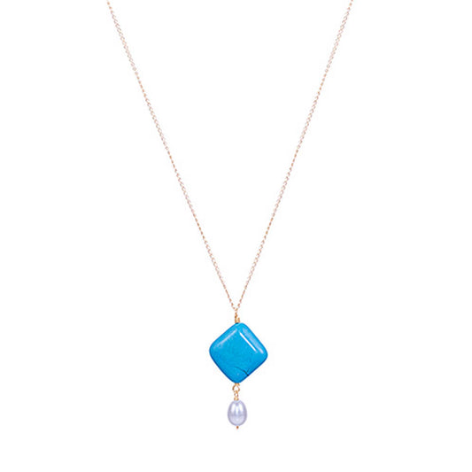 14k Diamond Shape Turquoise & White Freshwater Pearl Necklace
