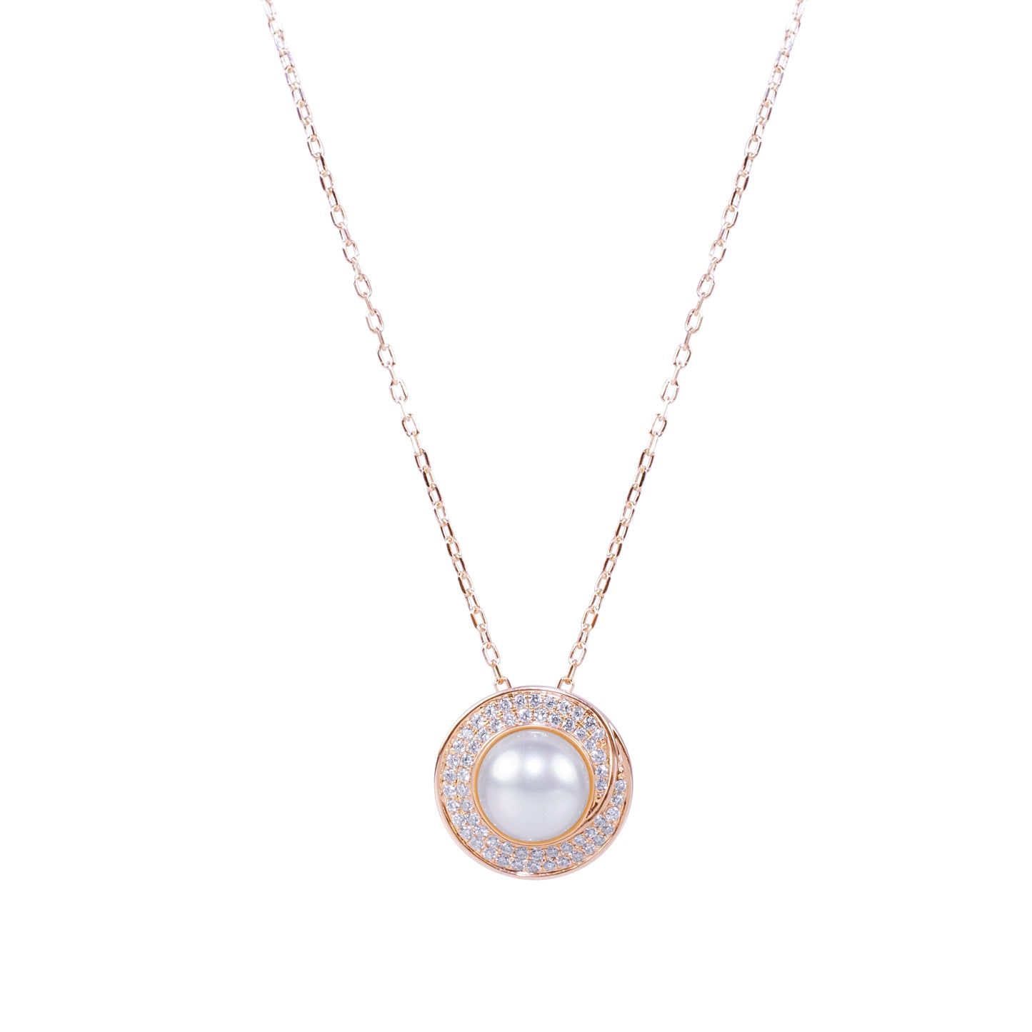 14k White Pearl Diamond Round Disc Pendant Necklace