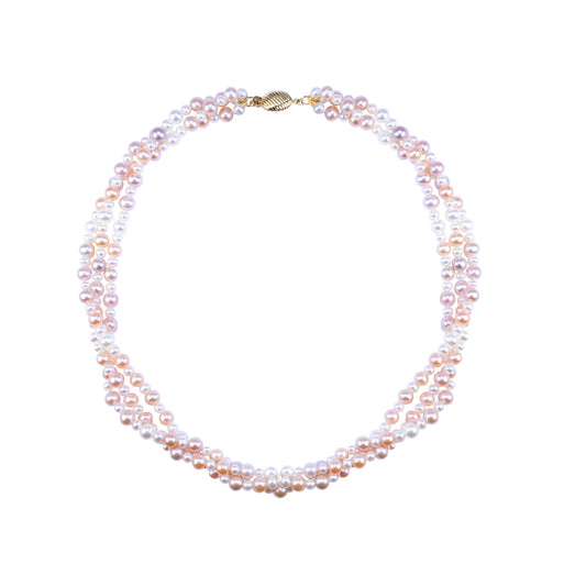 14k Multi Pink Freshwater Pearl 3 Strand Twist Necklace