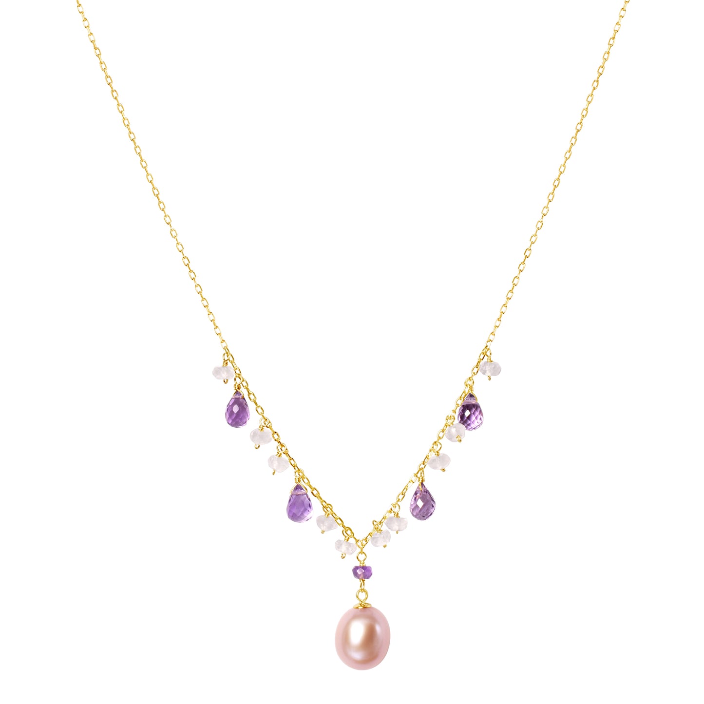14k Pink Freshwater Pink Pearl, Amethyst, and Rose Quartz Necklace 17"