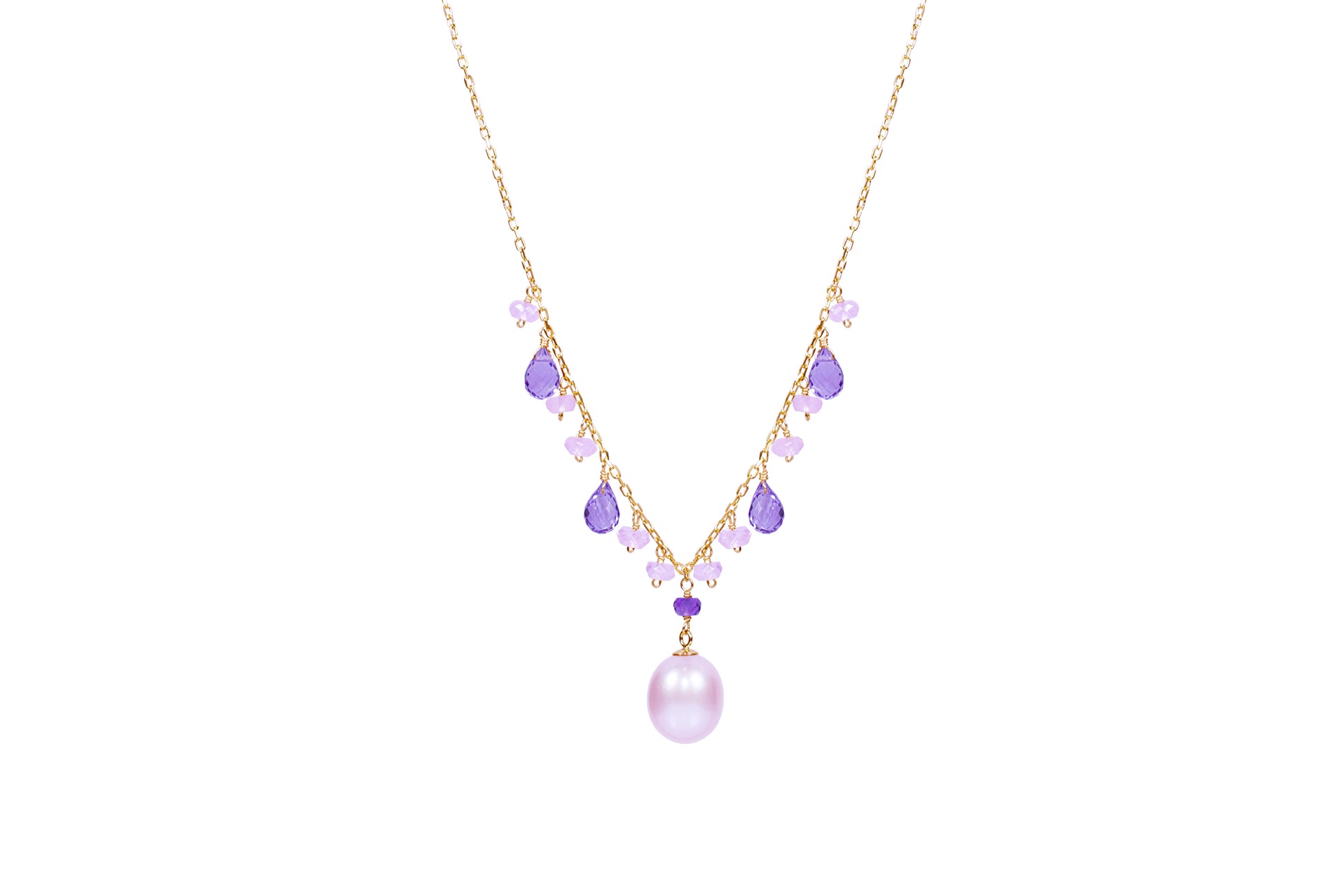 14k Pink Freshwater Pink Pearl, Amethyst, and Rose Quartz Necklace 17"