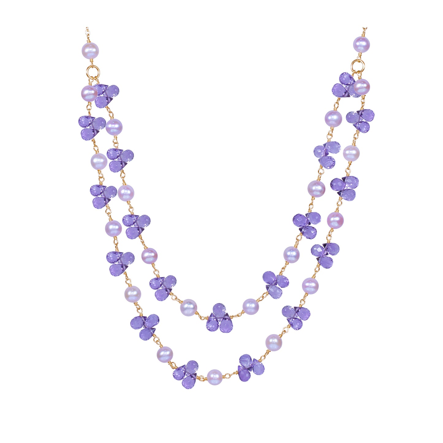 14k Pink Pearl Amethyst 2 Row Necklace 18-20"