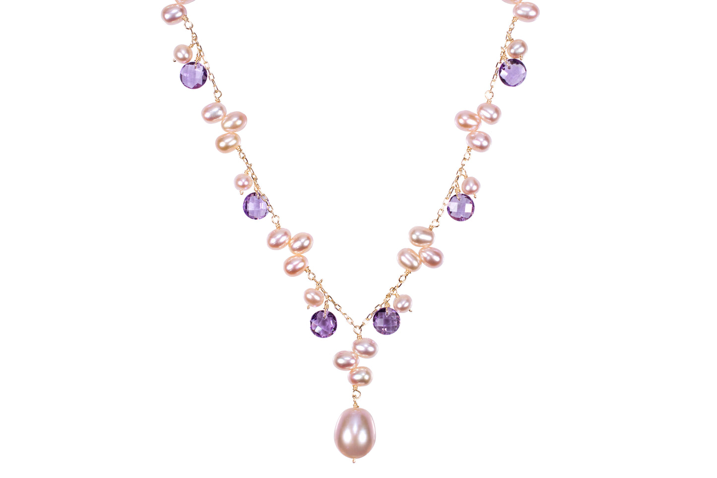 14k Pink Freshwater Pearl Amethyst Necklace 18"