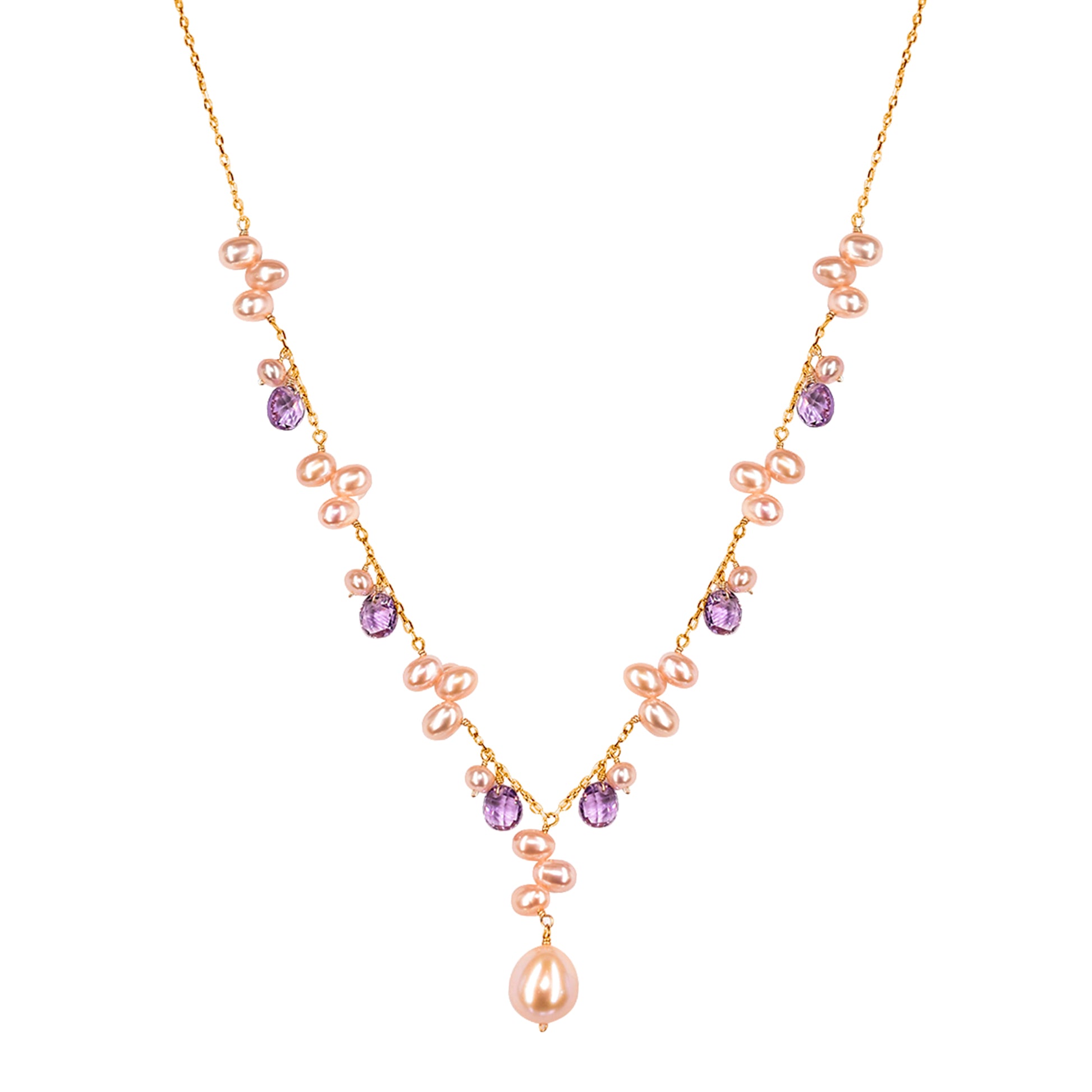 14k Pink Freshwater Pearl Amethyst Necklace 18"