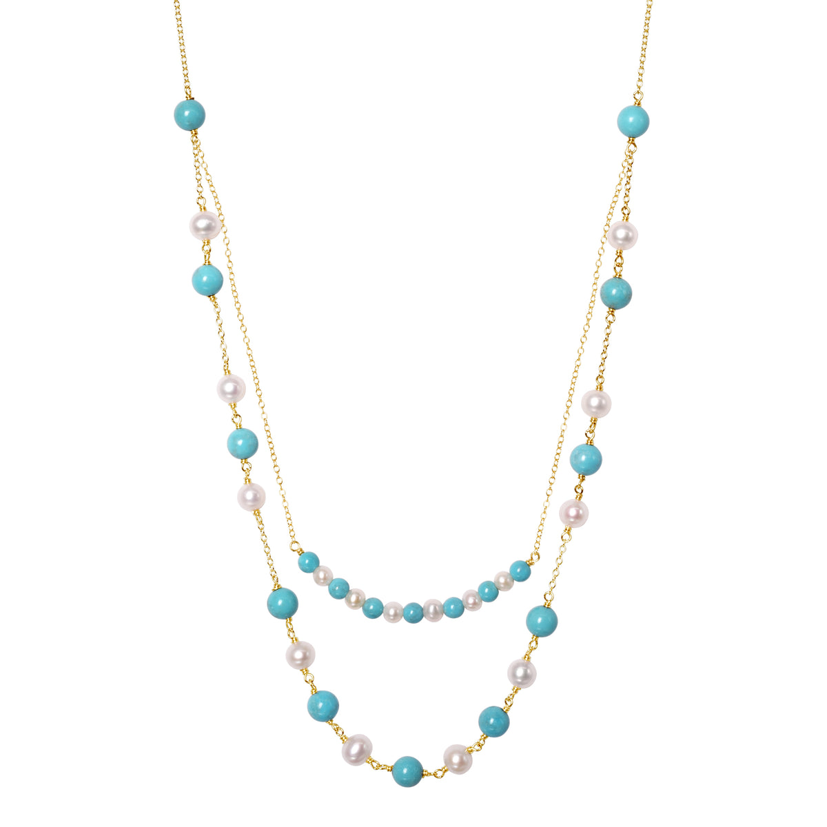 14k White Freshwater Pearl Turquoise 2 Row Necklace 18/20"