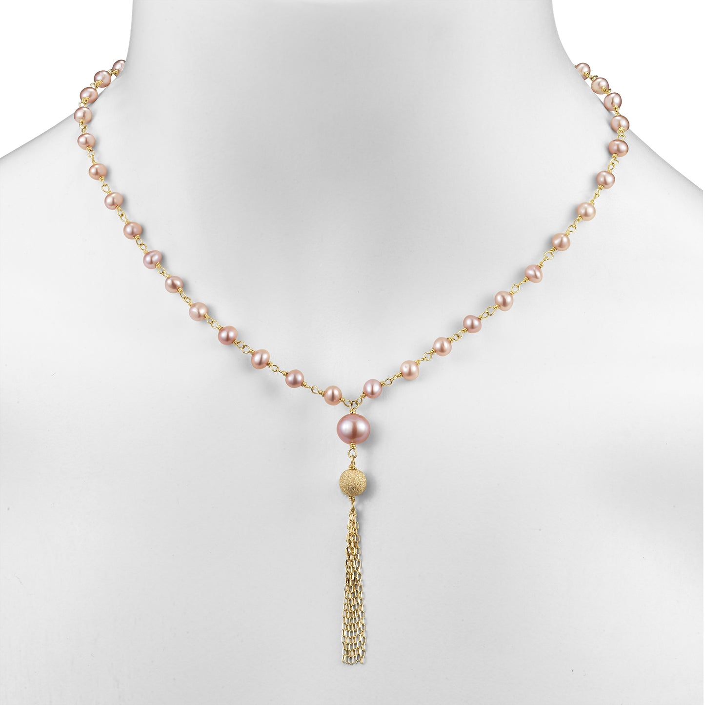 14k Pink Freshwater Pearl Link Gold Fringe Necklace 18"/19.50"