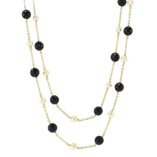 14k Black Onyx White Freshwater Pearl Station Necklace 36"