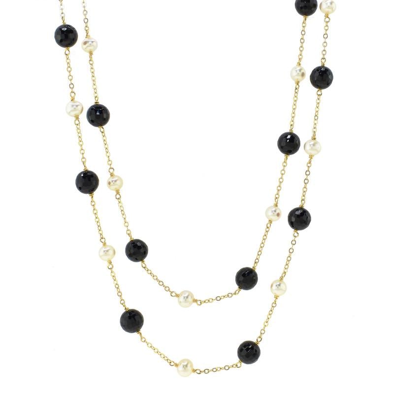 14k Black Onyx White Pearl Station Necklace 36" freeshipping - Jewelmak Shop