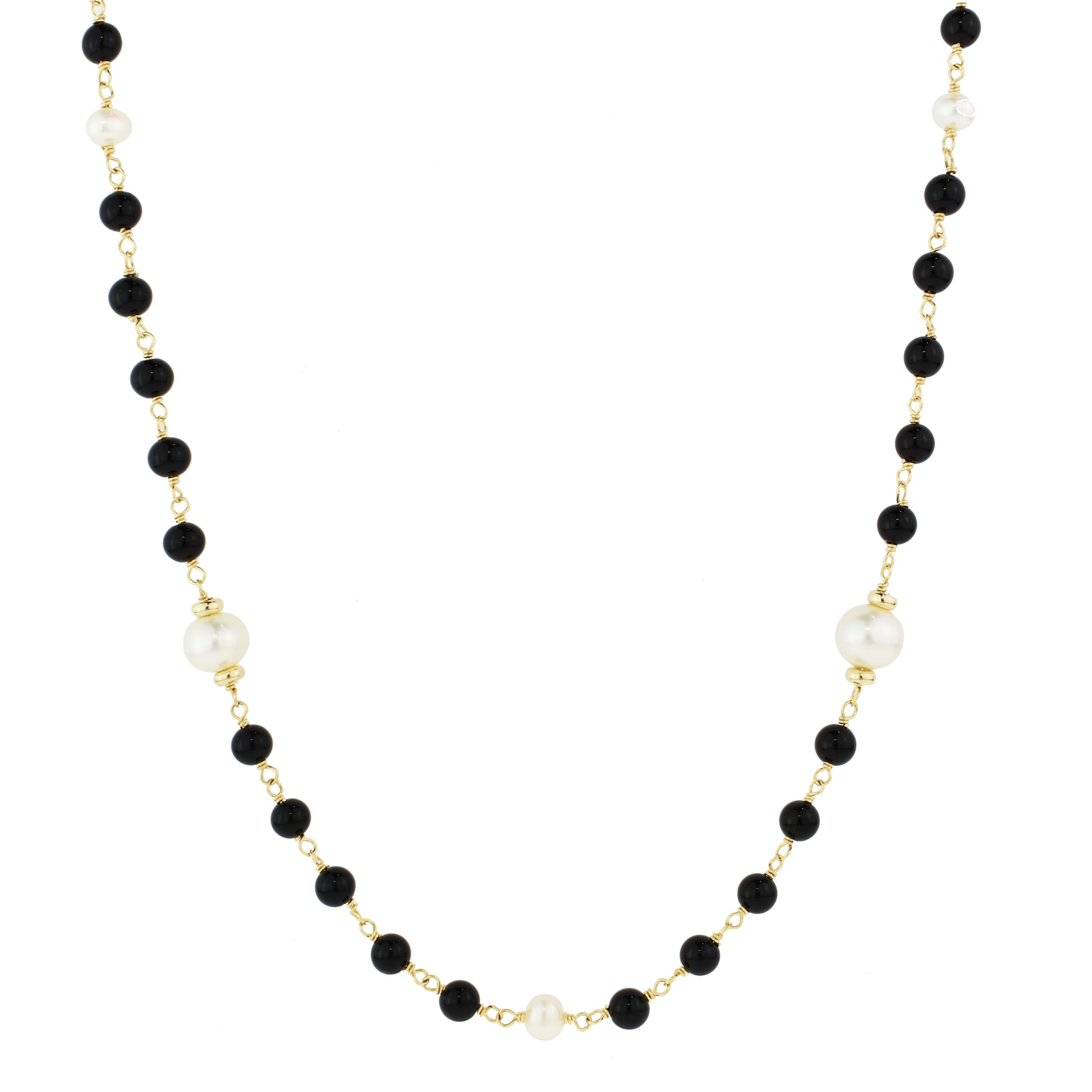 14k Black Onyx and White Freshwater Pearl Necklace 36"
