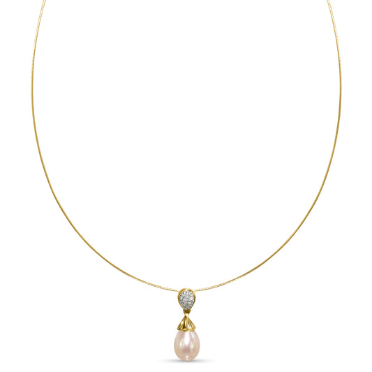 14k Pearl Drop Diamond Pendant Wire Necklace