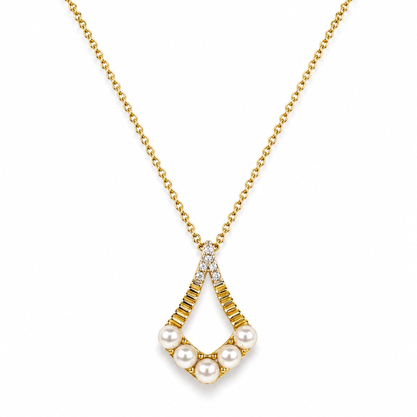 14k Kite Shape White Pearl & Diamond Pendant Necklace