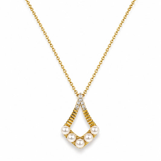14k Kite Shape White Pearl & Diamond Pendant Necklace