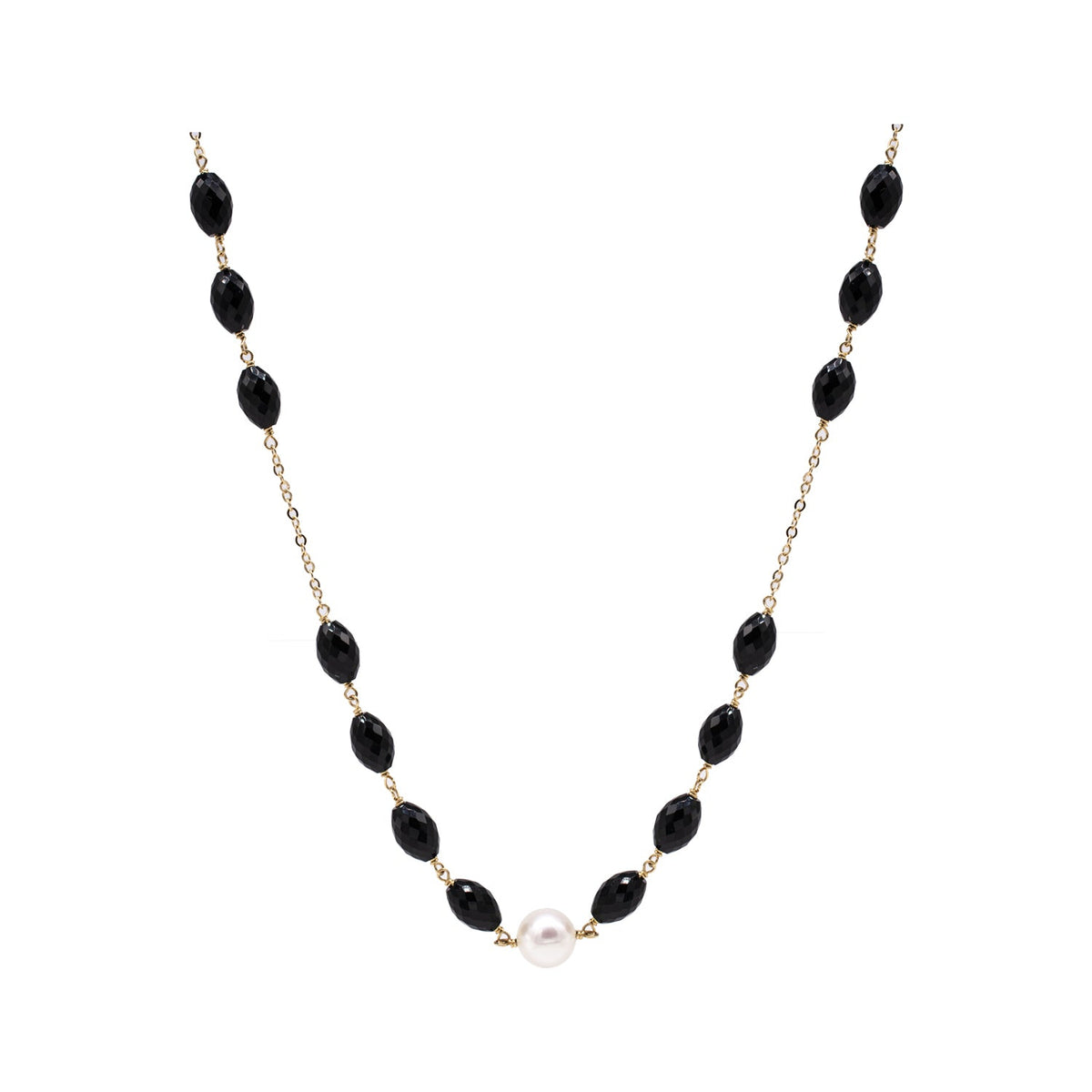 14k Black Onyx White Freshwater Pearl Link Necklace 18"