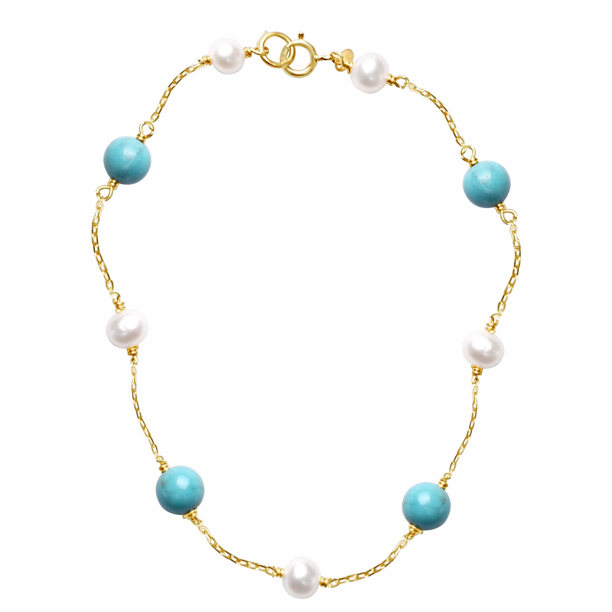14k White Freshwater Pearl Turquoise/Coral Station Anklet 9.5"