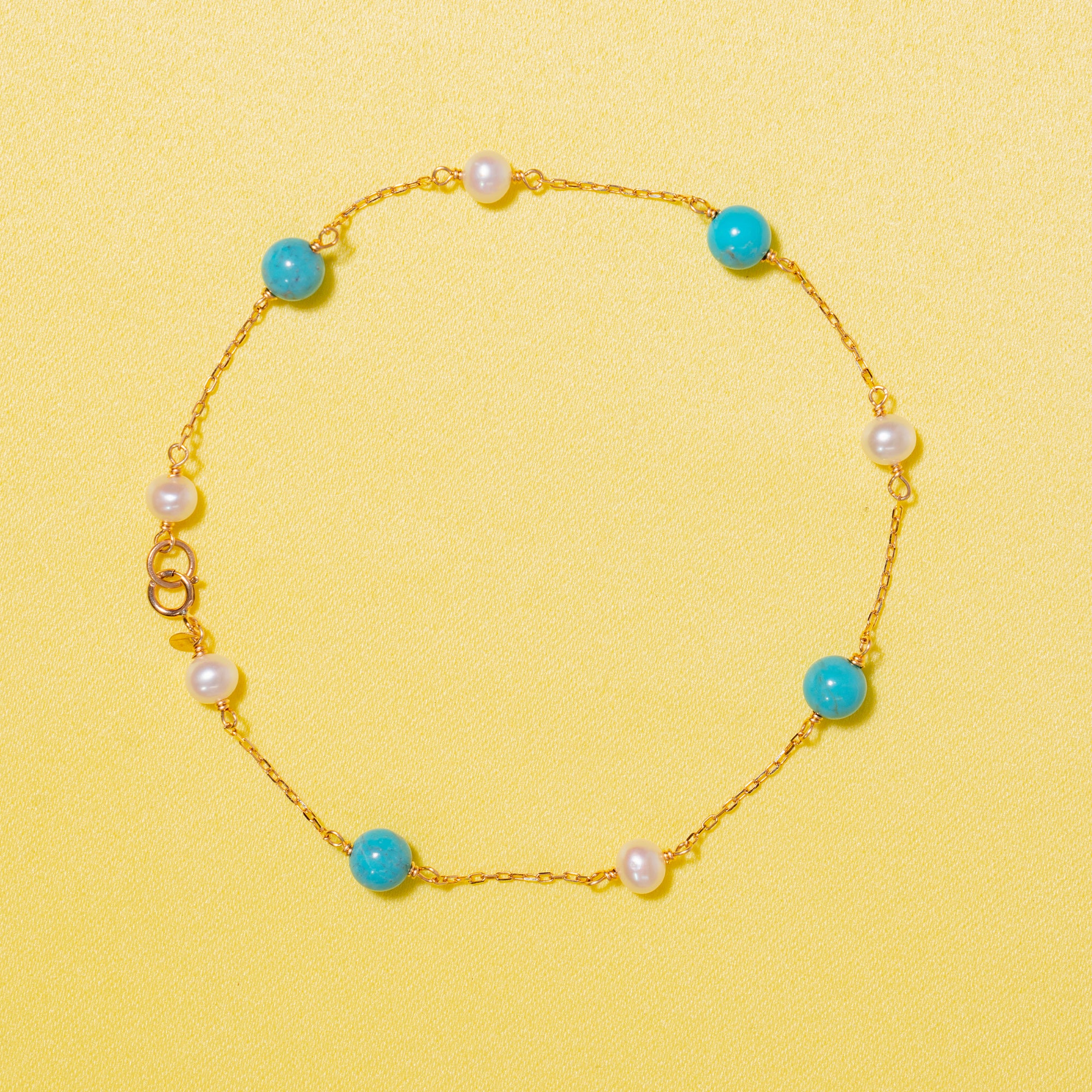 14k White Freshwater Pearl Turquoise/Coral Station Anklet 9.5"