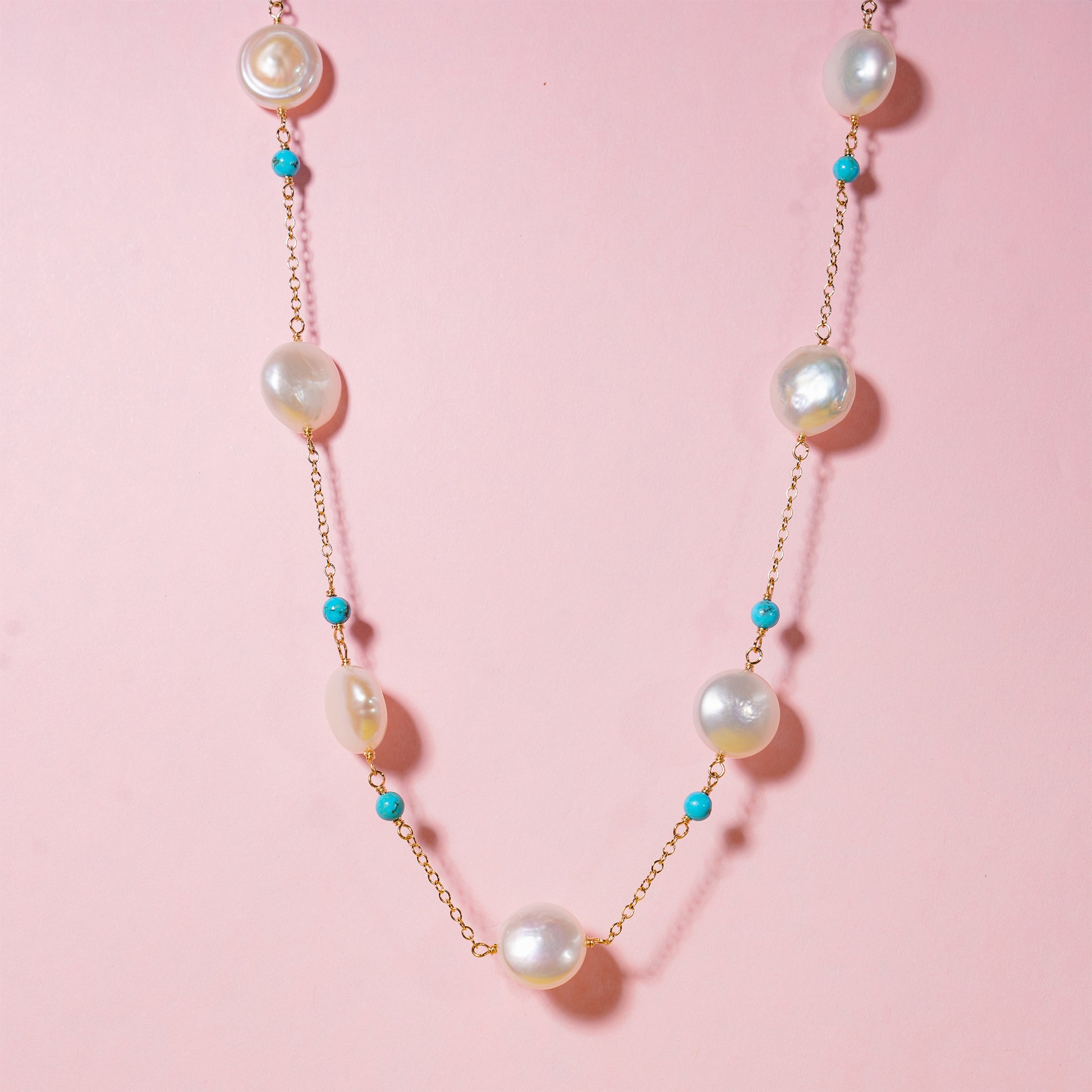 14k White Freshwater Pearl Turquoise Station Necklace 18"