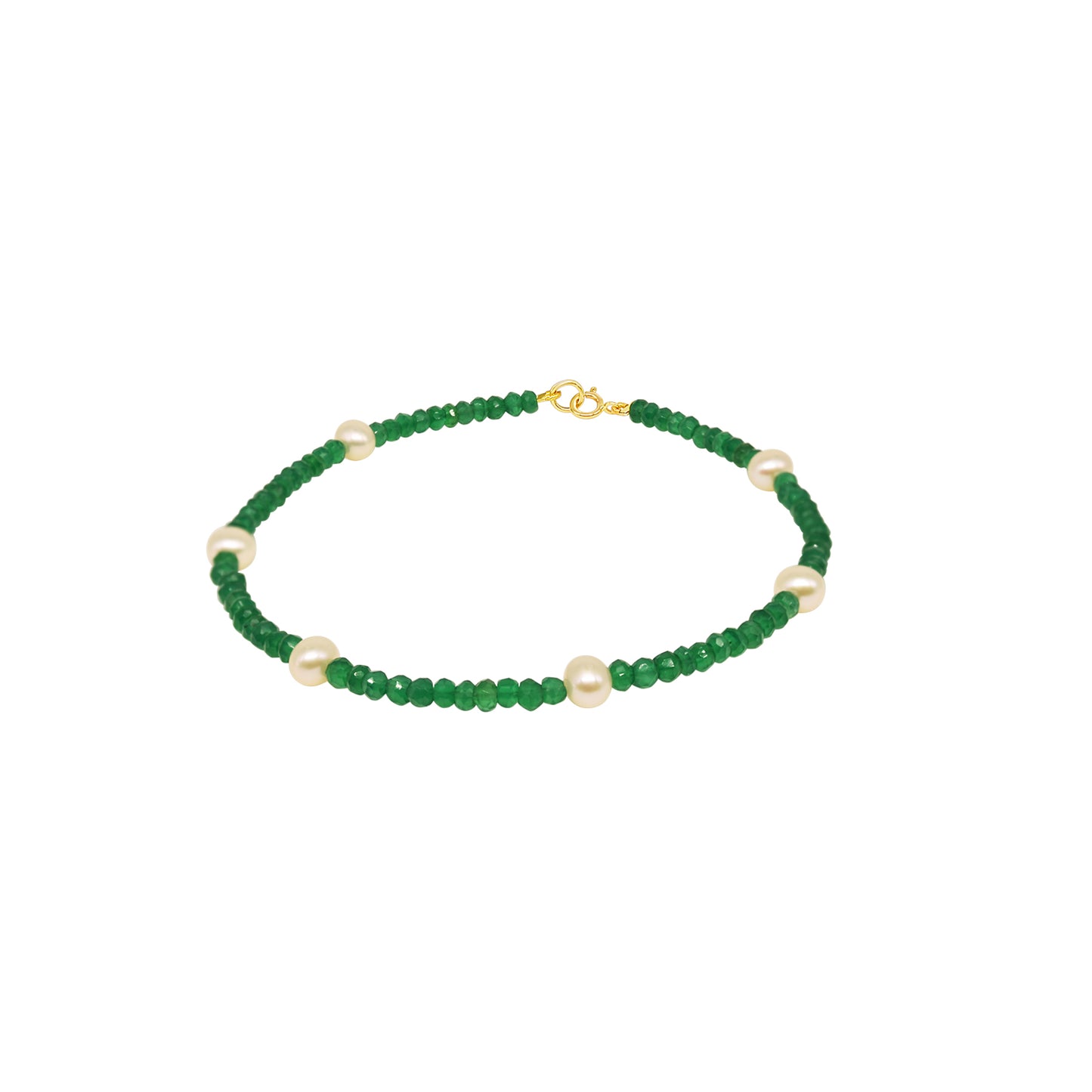 14k Rondelle Beaded Gemstone and White Freshwater Pearl Anklet 9.5" Green Onyx