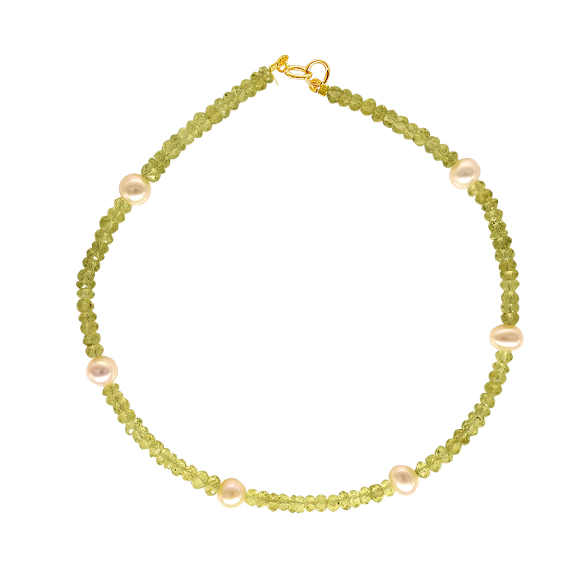 14k Rondelle Beaded Gemstone and White Freshwater Pearl Anklet 9.5" Peridot