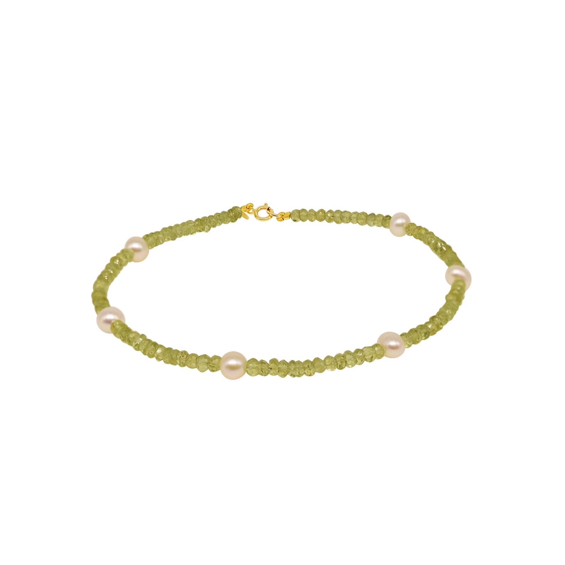 14k Rondelle Beaded Gemstone and White Freshwater Pearl Anklet 9.5" Peridot