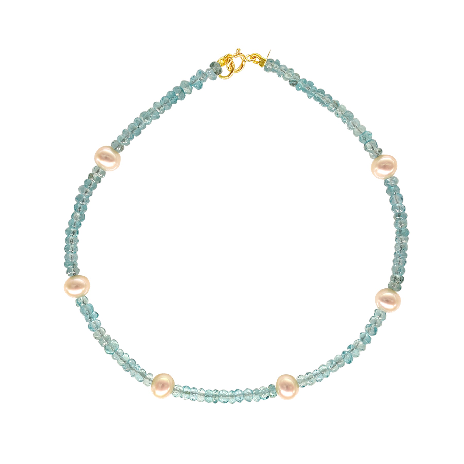 14k Rondelle Beaded Gemstone and White Freshwater Pearl Anklet 9.5" Apatite